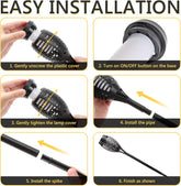 Step-by-step installation guide for a black and white lamp component with text instructions.